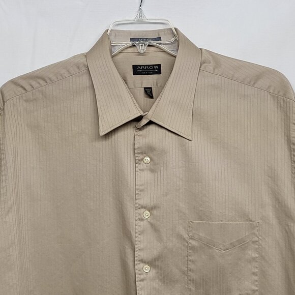 Arrow Mens Dress Shirt Satin Twill XXL 18.5 36/37 Button Up Long Sleeve Beige - Picture 2 of 15